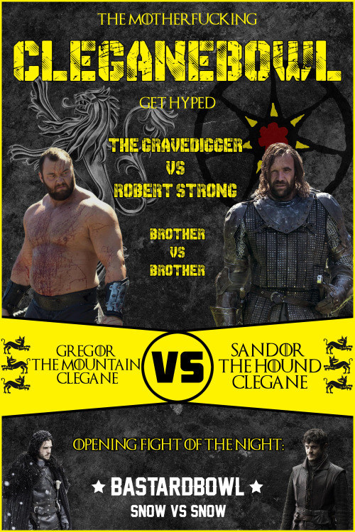 Un manifesto fan-made che 'preannuncia' la sfida tra i fratelli Clegane e quella tra Jon e Ramsay Snow (lollus.tumblr.com)